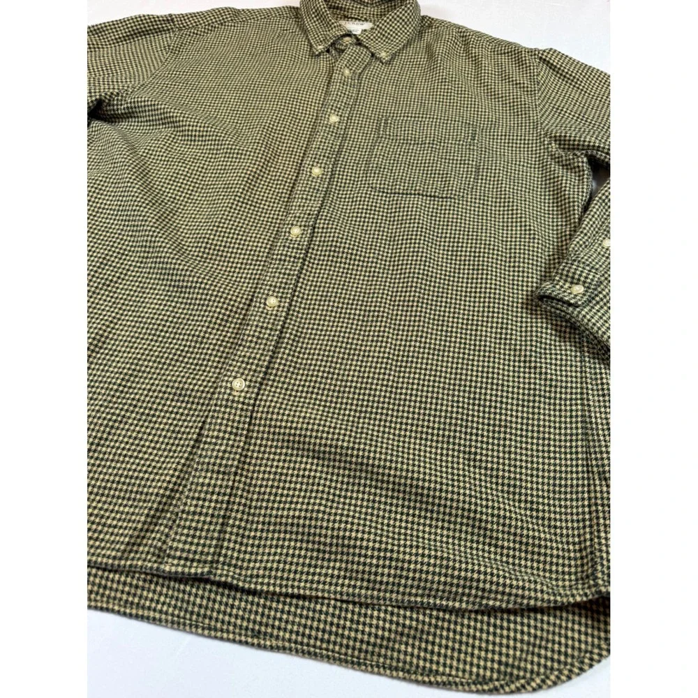J Crew Vtg Men Large Green Houndstooth Cotton Button Flannel Shirt Long Sleeve L
